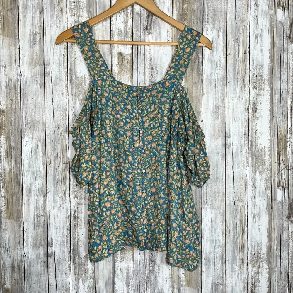 Billabong Blue Floral Open Off The Shoulder Button Blouse - Picture 1 of 5